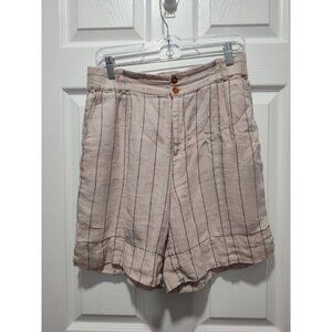 Soft Surroundings Tan Khaki Montecito 100% Linen Shorts Size Small Blue‎ Stripe